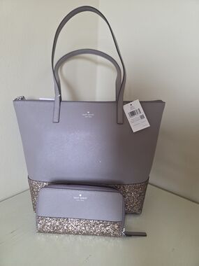kate spade Cityscape Taupe Tote with Gold Glitter Trim and Matching Wallet